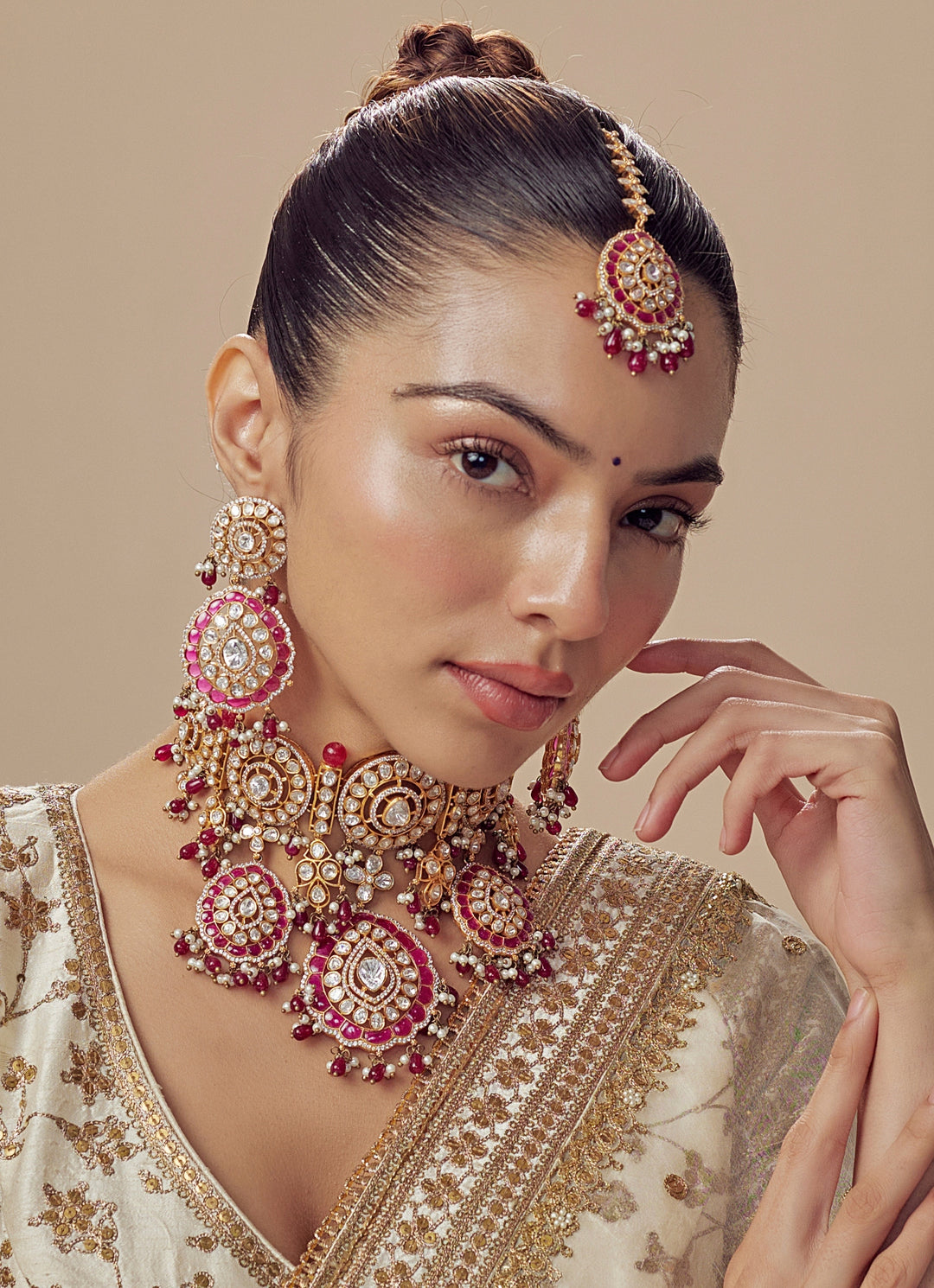 Gold Plated Bridal Kundan And Polki Choker Necklace Set With Maang Tikka