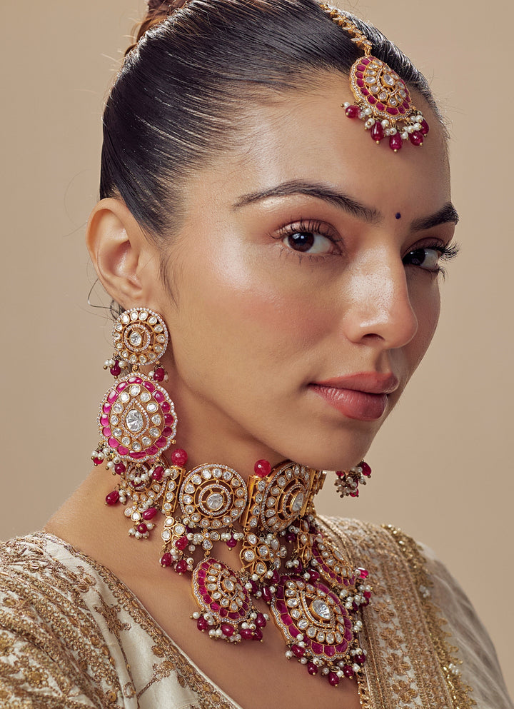 Gold Plated Bridal Kundan And Polki Choker Necklace Set With Maang Tikka