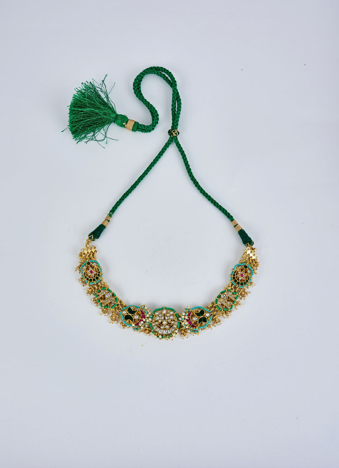 Gold Plated Green And Kundan Stone Necklace Set