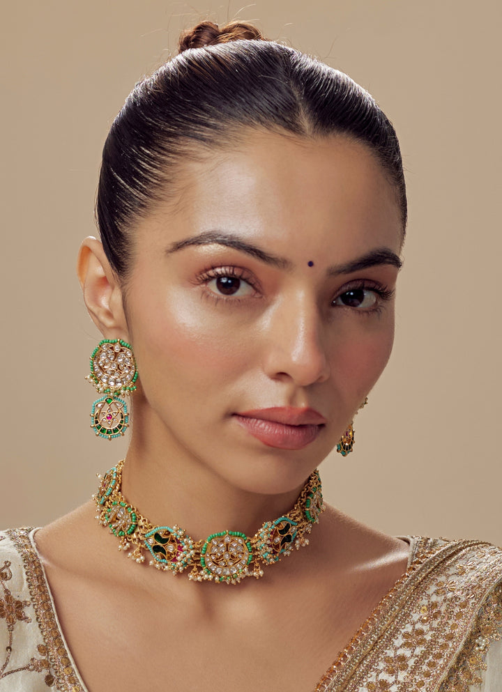 Gold Plated Green And Kundan Stone Necklace Set