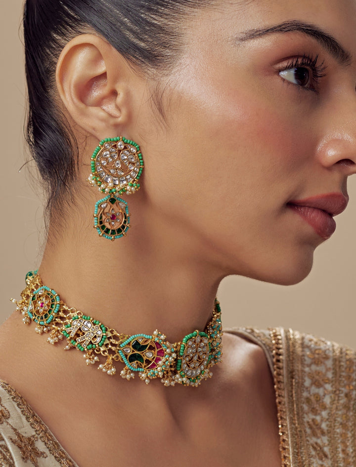 Gold Plated Green And Kundan Stone Necklace Set