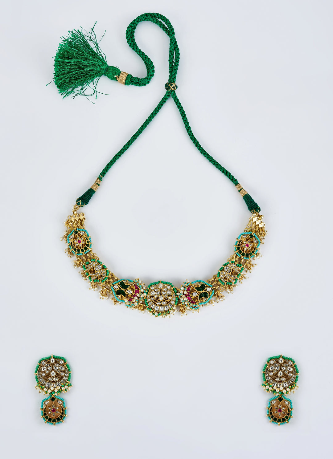 Gold Plated Green And Kundan Stone Necklace Set