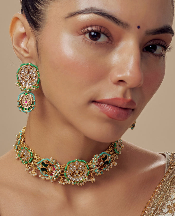 Gold Plated Green And Kundan Stone Necklace Set
