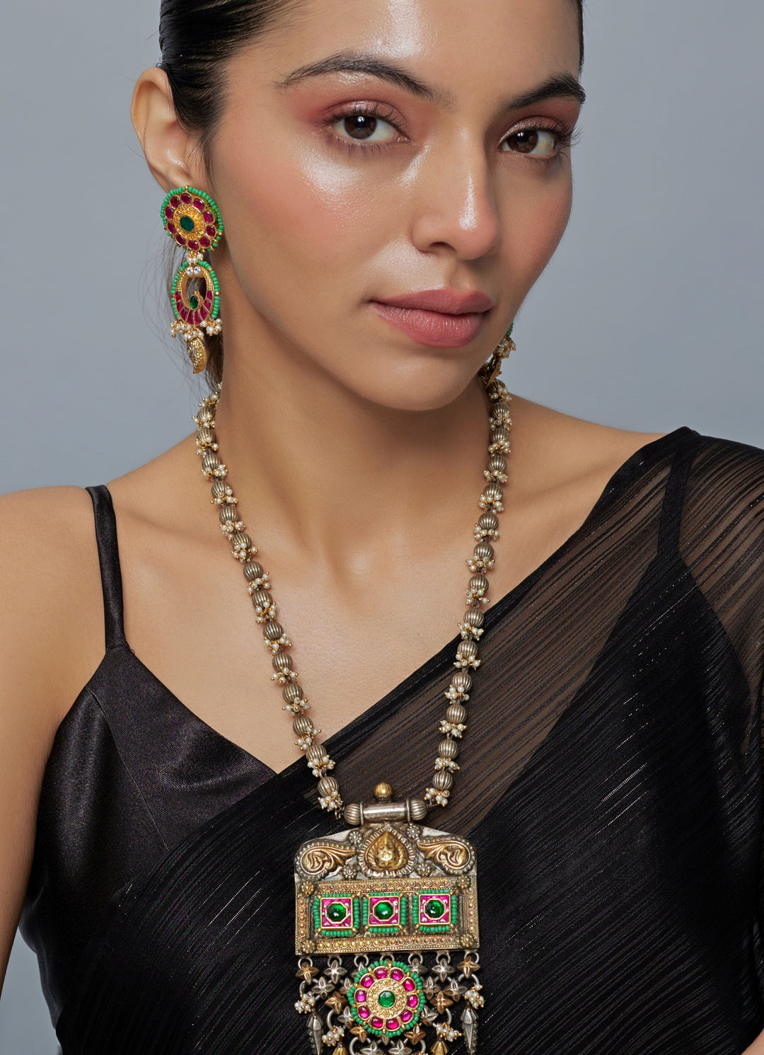 Antique Multi Stone And Kundan Long Pendant Necklace Set