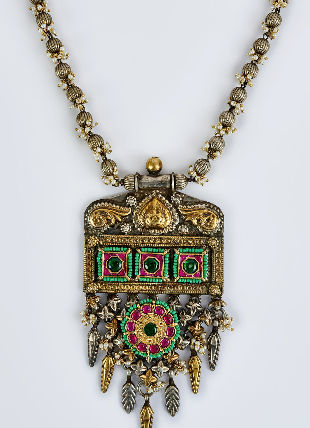 Antique Multi Stone And Kundan Long Pendant Necklace Set