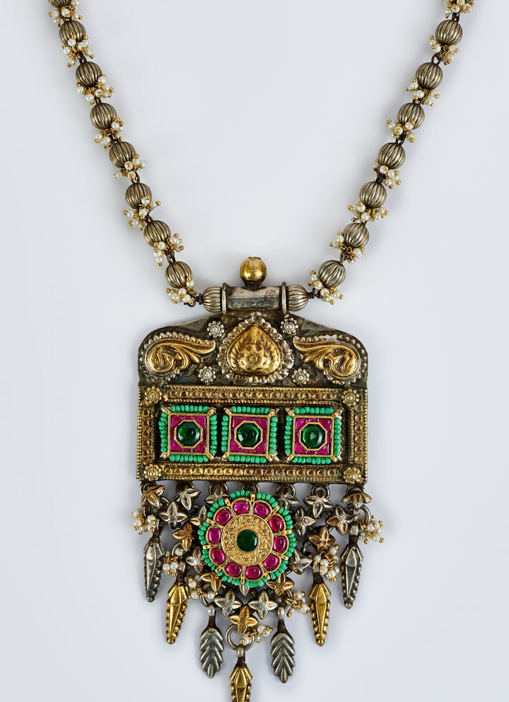 Antique Multi Stone And Kundan Long Pendant Necklace Set
