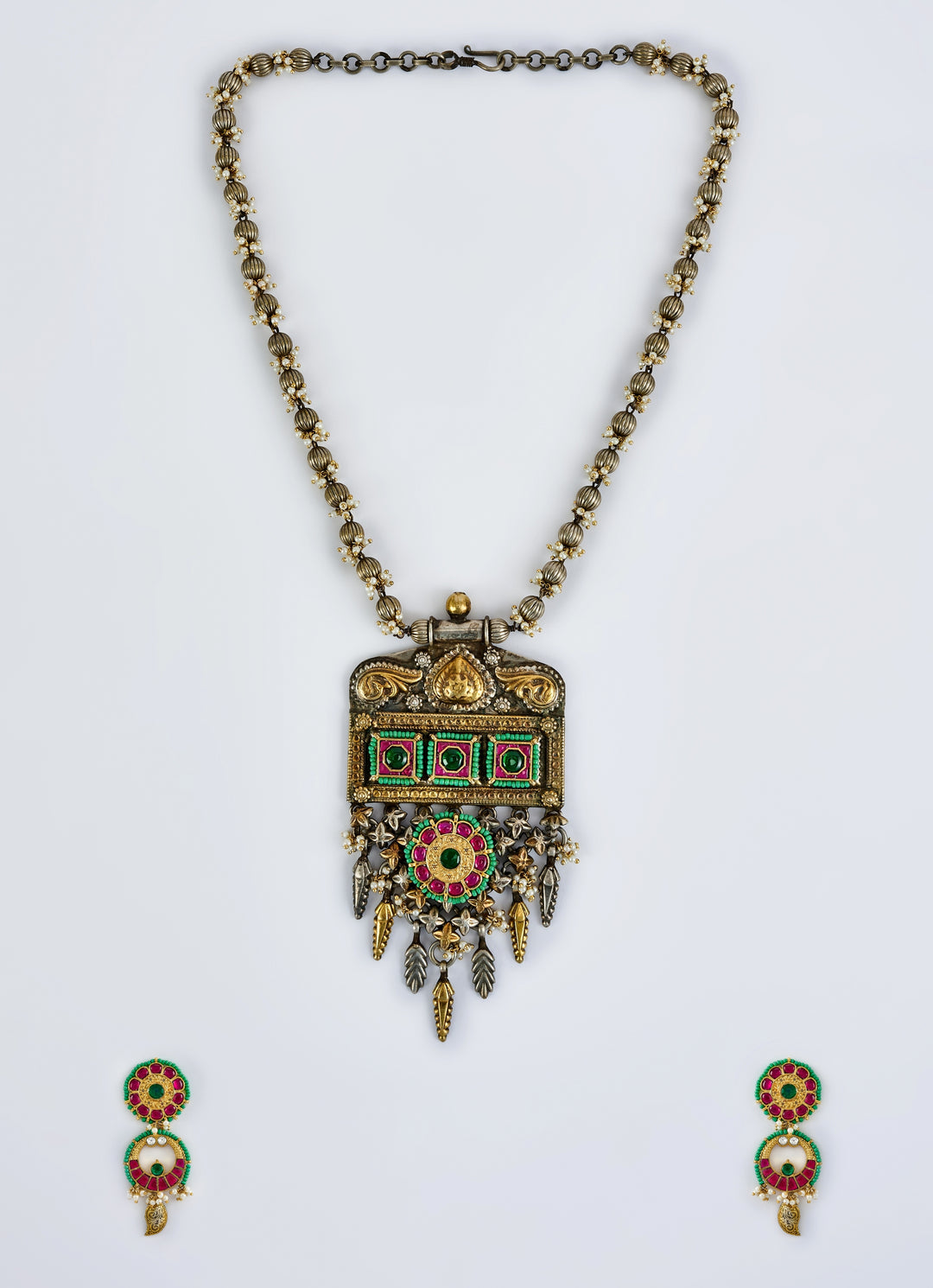 Antique Multi Stone And Kundan Long Pendant Necklace Set