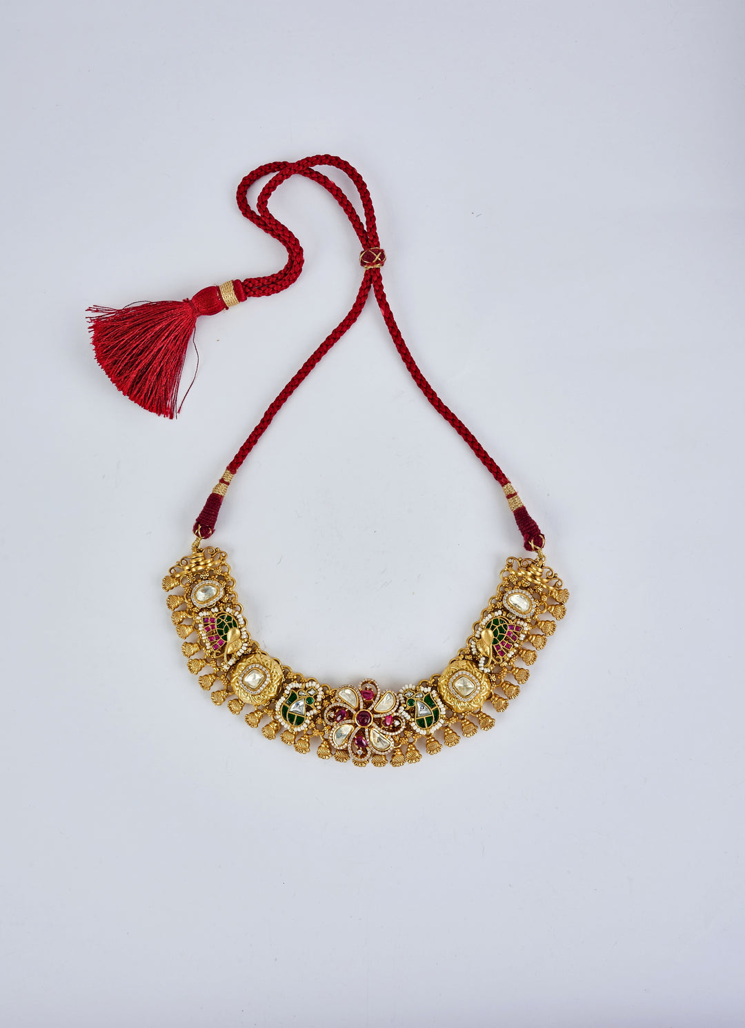 Gold Plated Red And Multi Stone Choker Necklace With Drop Earrings