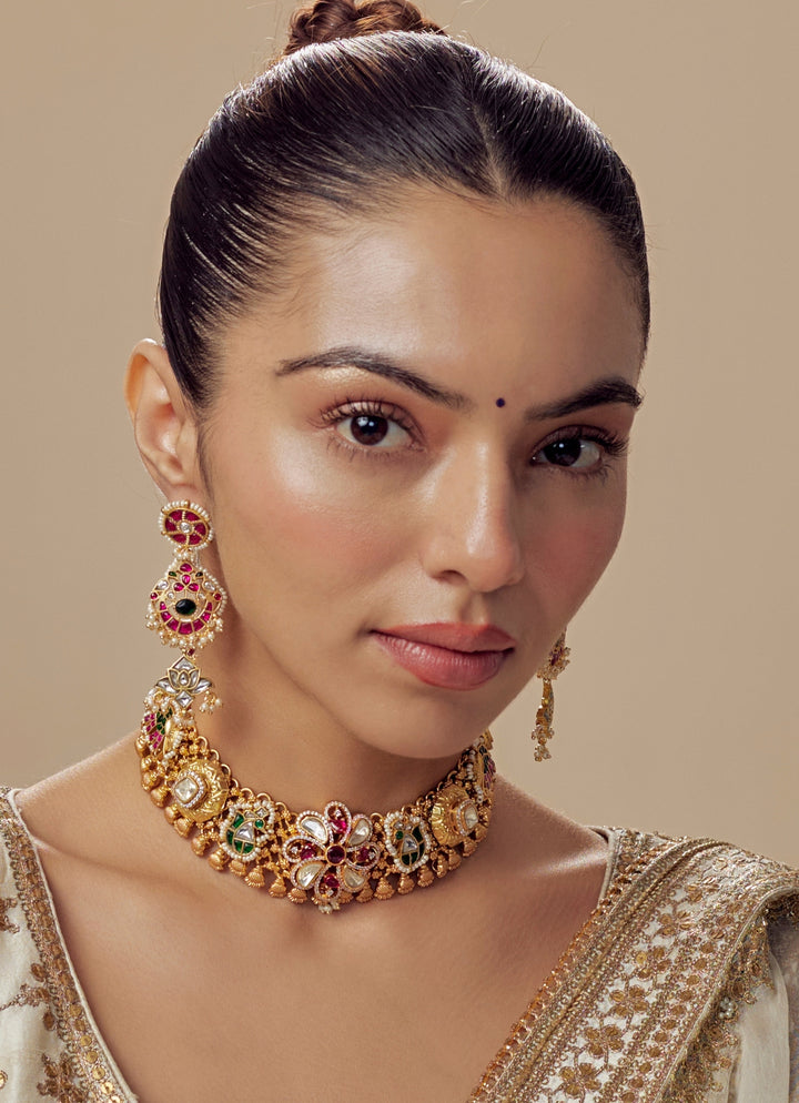 Gold Plated Red And Multi Stone Choker Necklace With Drop Earrings