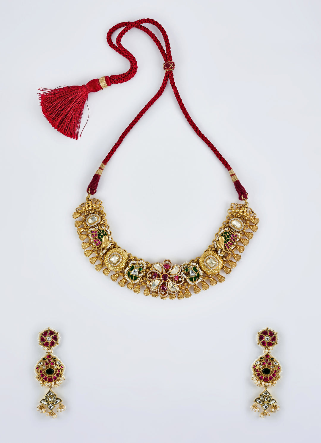 Gold Plated Red And Multi Stone Choker Necklace With Drop Earrings