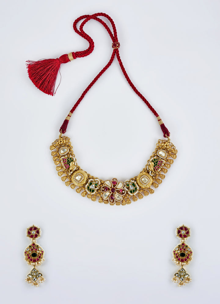Gold Plated Red And Multi Stone Choker Necklace With Drop Earrings
