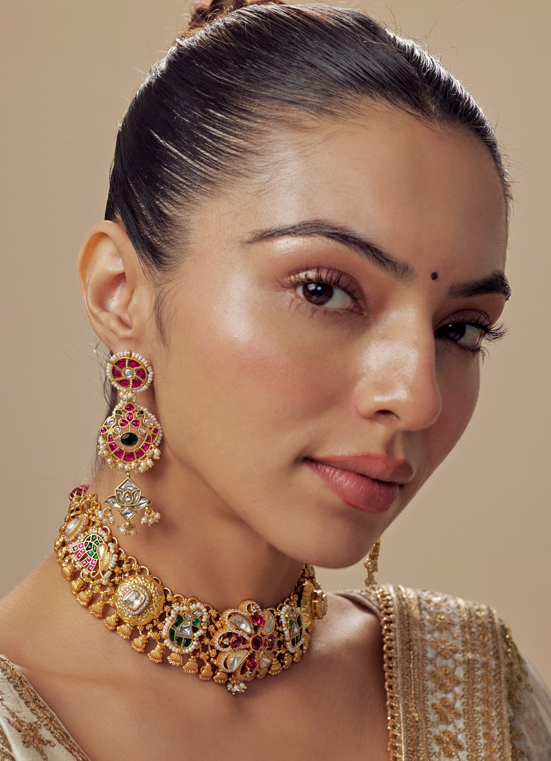 Gold Plated Red And Multi Stone Choker Necklace With Drop Earrings