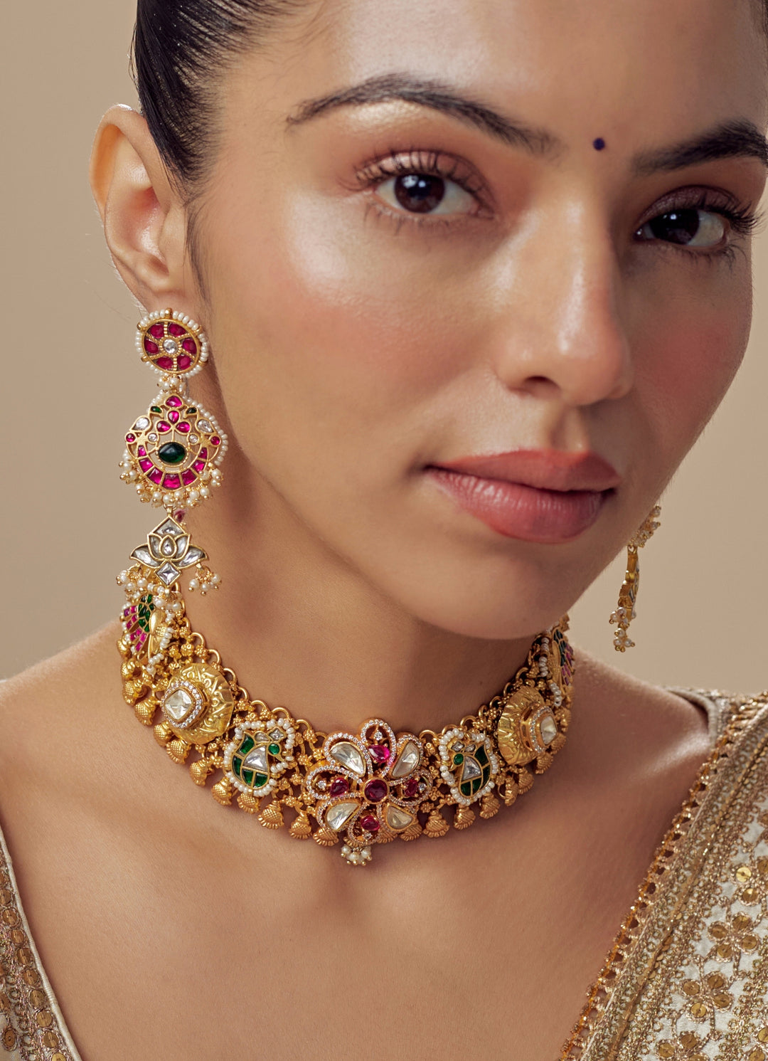 Gold Plated Red And Multi Stone Choker Necklace With Drop Earrings