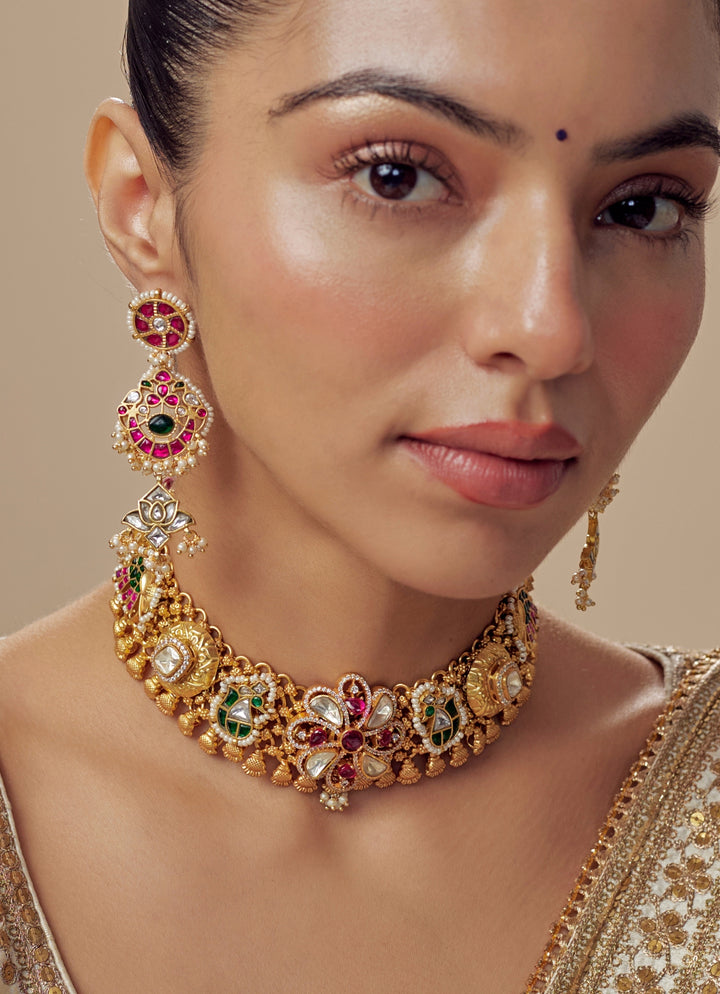 Gold Plated Red And Multi Stone Choker Necklace With Drop Earrings