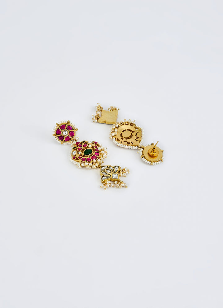Gold Plated Red And Multi Stone Choker Necklace With Drop Earrings