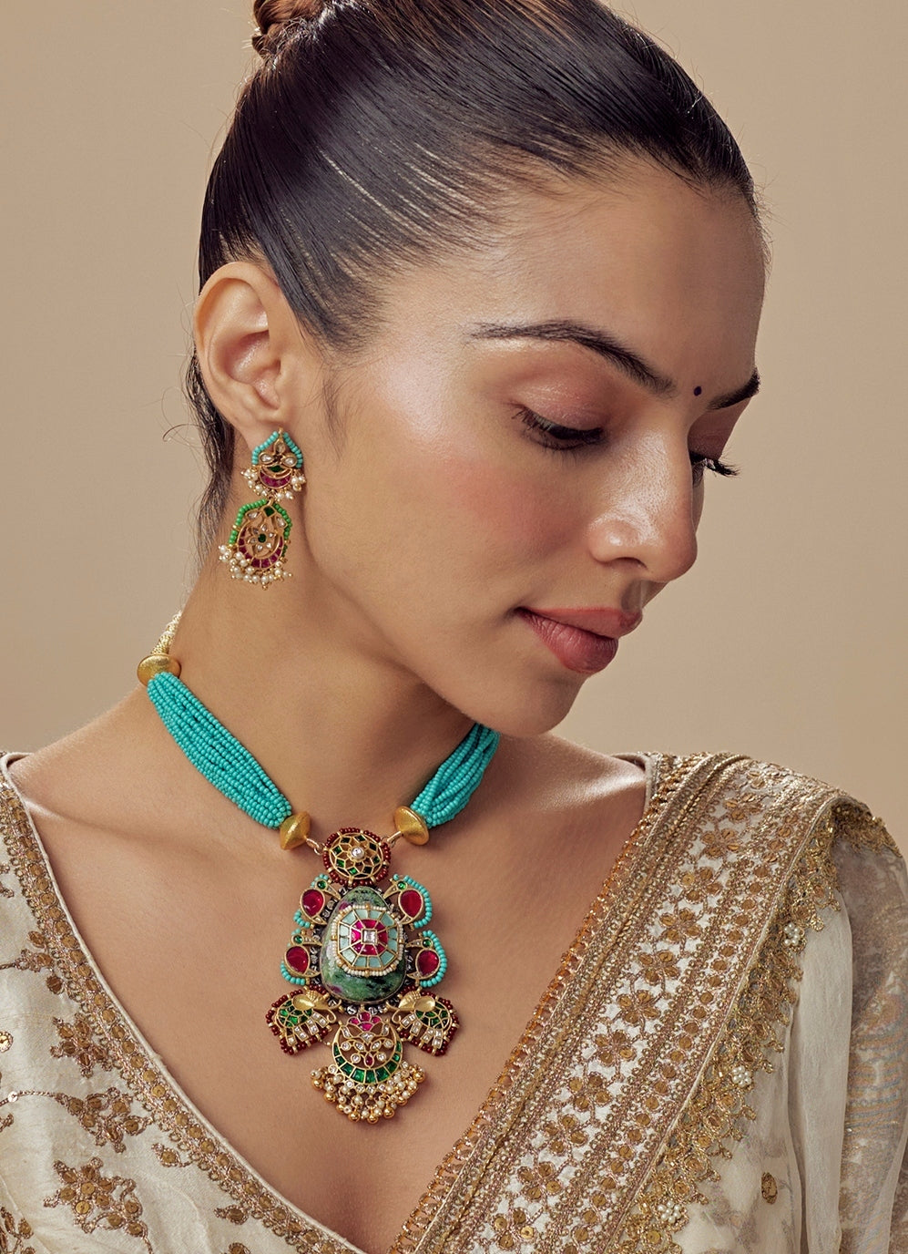 Gold Plated Turquoise Beaded Necklace Set