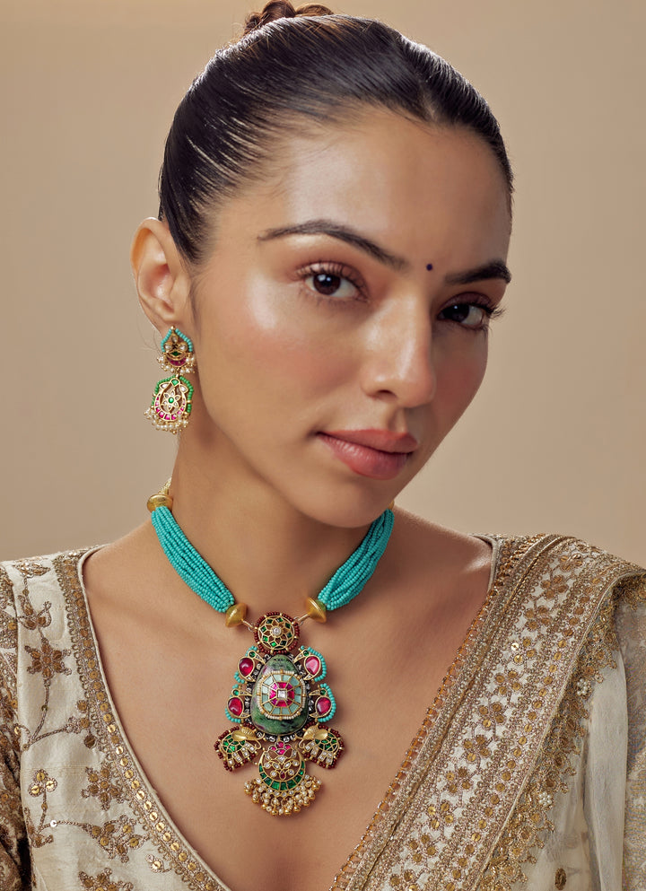 Gold Plated Turquoise Beaded Necklace Set