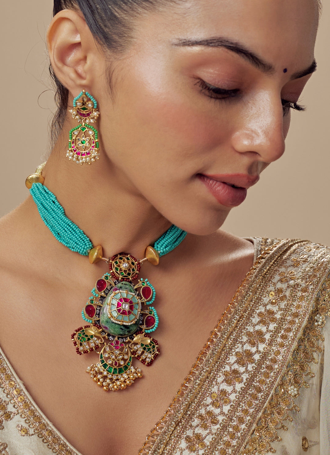 Gold Plated Turquoise Beaded Necklace Set