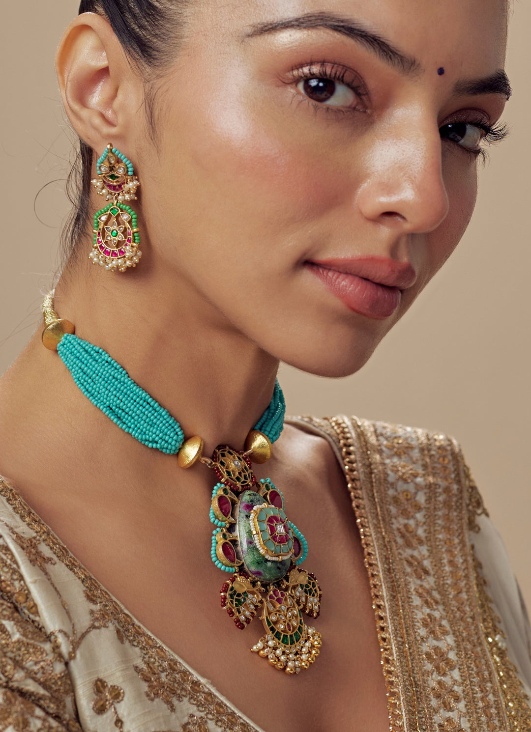 Gold Plated Turquoise Beaded Necklace Set