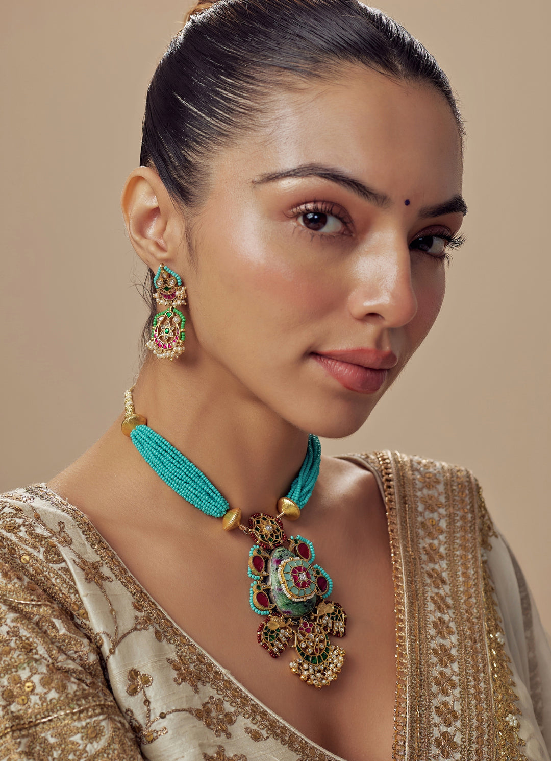Gold Plated Turquoise Beaded Necklace Set