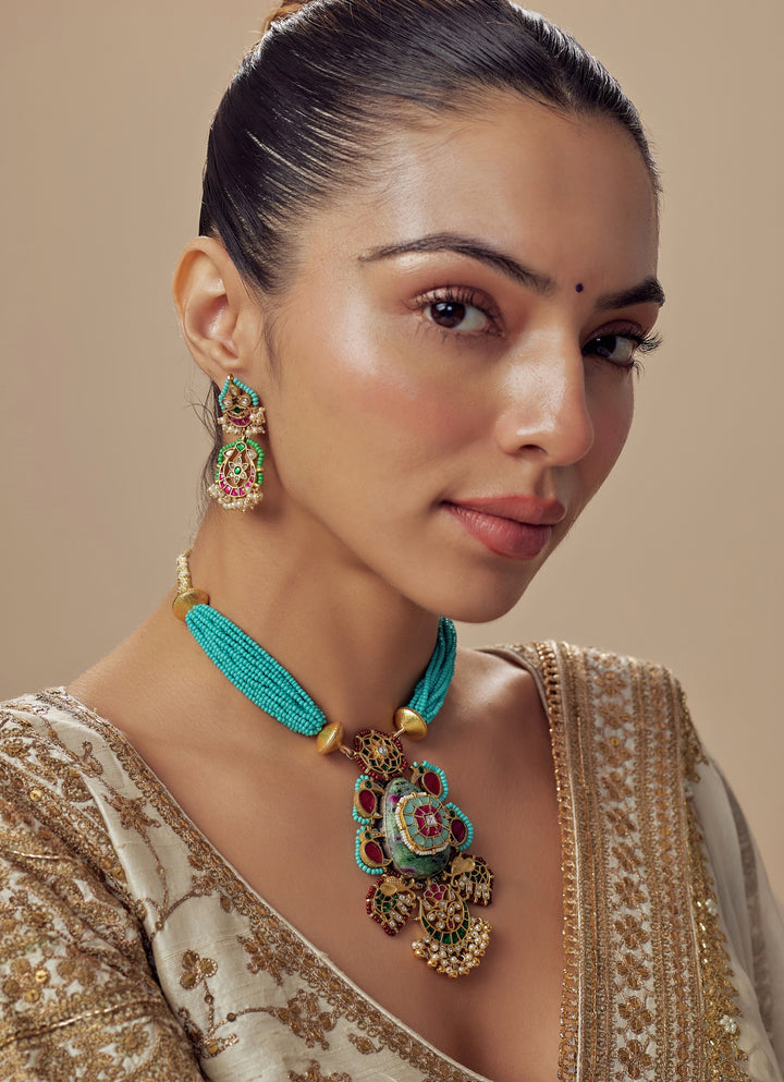 Gold Plated Turquoise Beaded Necklace Set