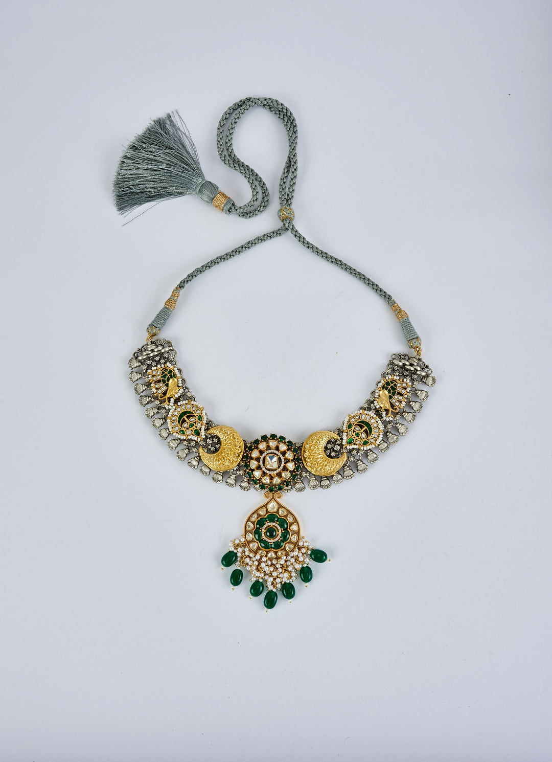 Gold Plated Green Kundan And Polki Short Necklace Set
