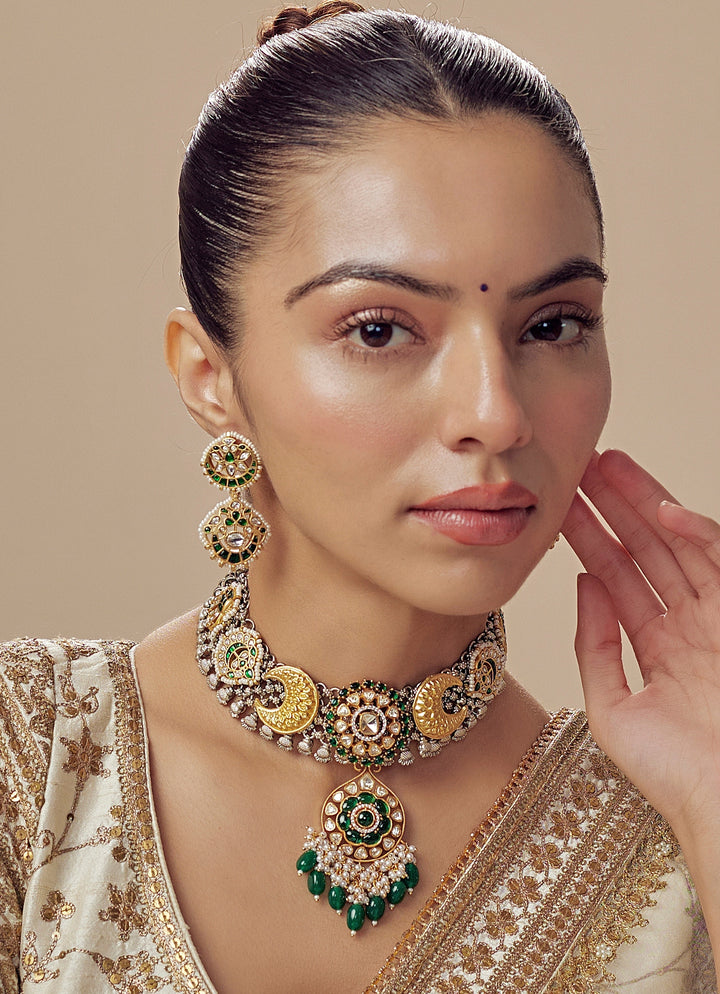 Gold Plated Green Kundan And Polki Short Necklace Set