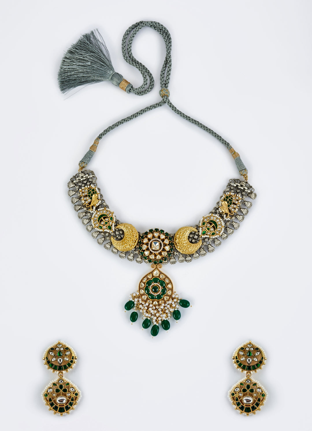 Gold Plated Green Kundan And Polki Short Necklace Set