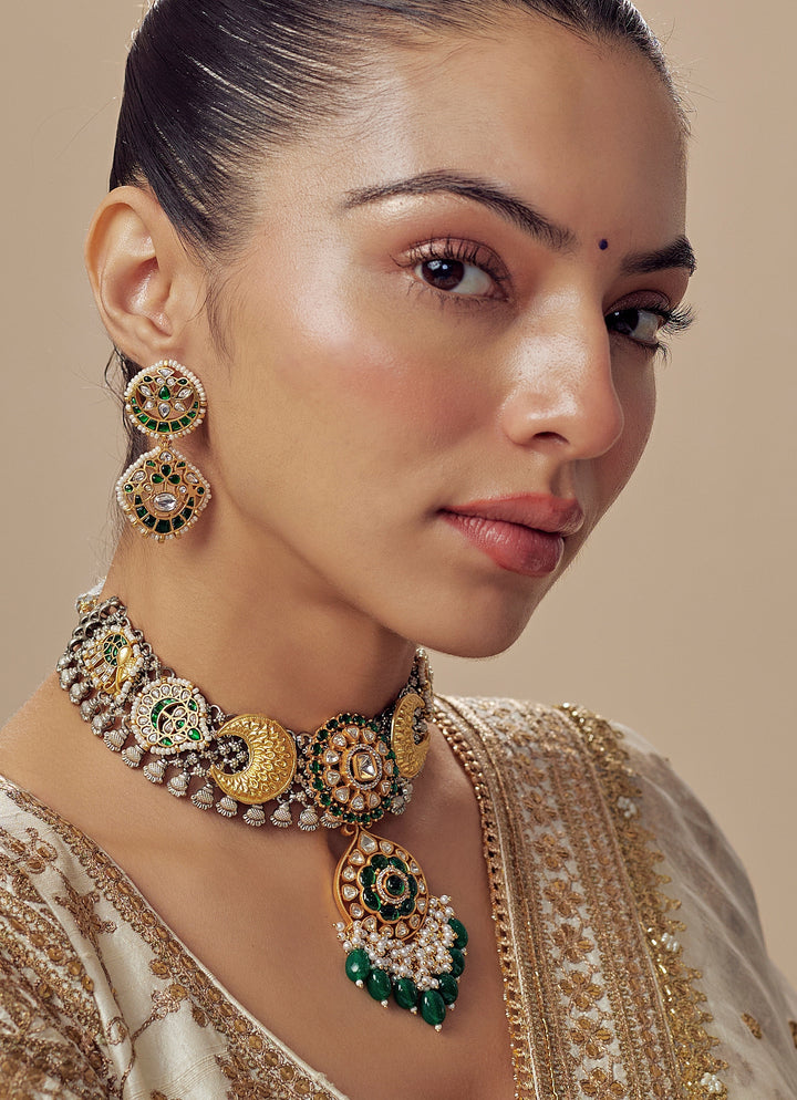 Gold Plated Green Kundan And Polki Short Necklace Set