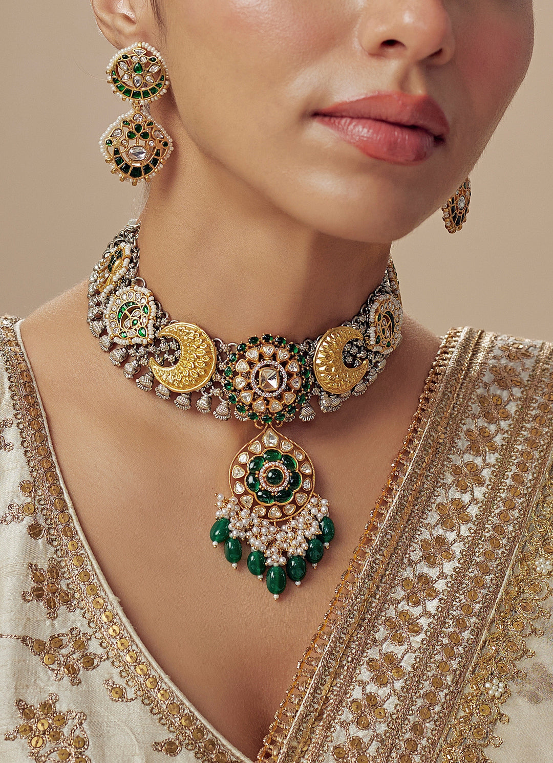 Gold Plated Green Kundan And Polki Short Necklace Set