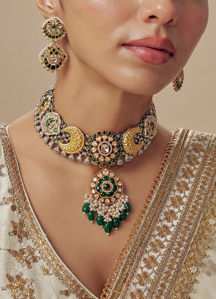 Gold Plated Green Kundan And Polki Short Necklace Set