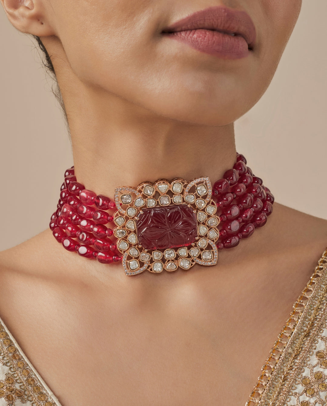 Multi Strand Red And Crystal Necklace
