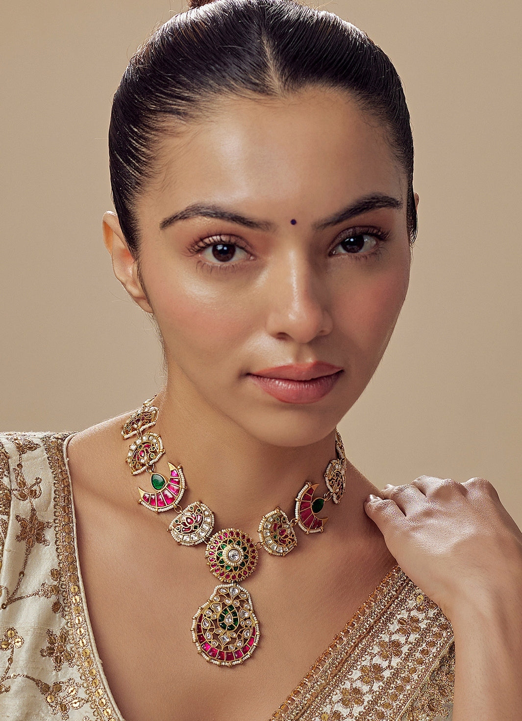 Gold Plated Multi Kundan And Polki Short Necklace