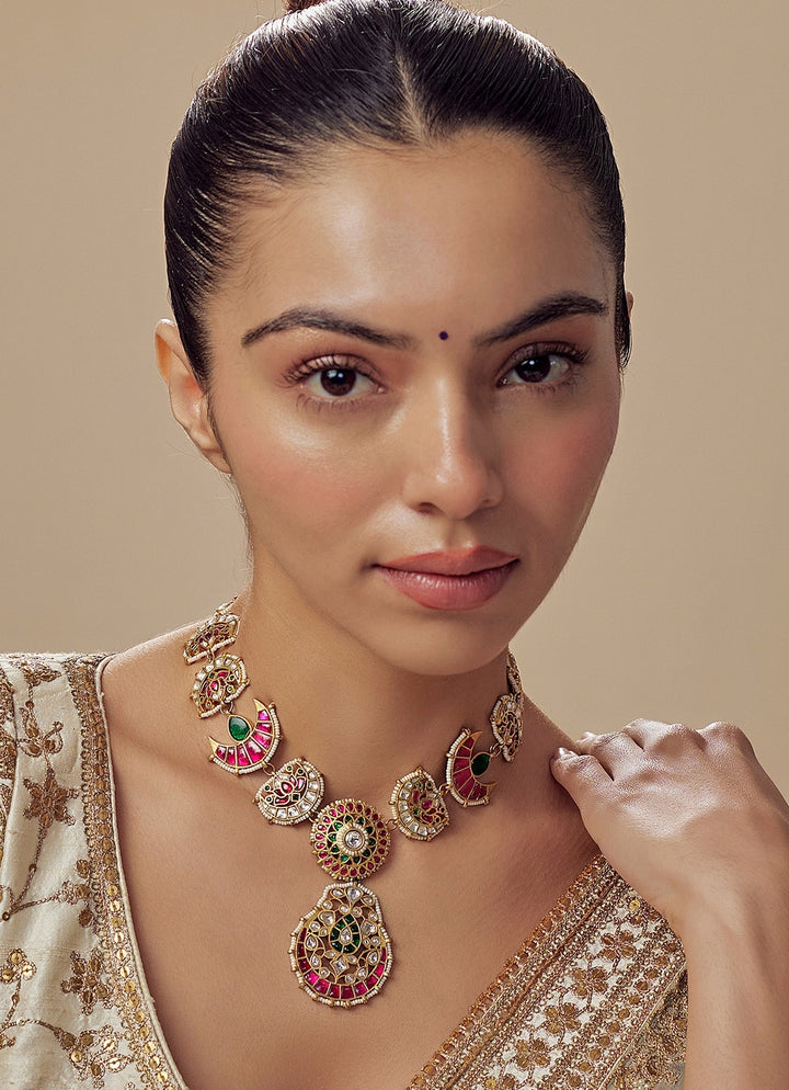 Gold Plated Multi Kundan And Polki Short Necklace