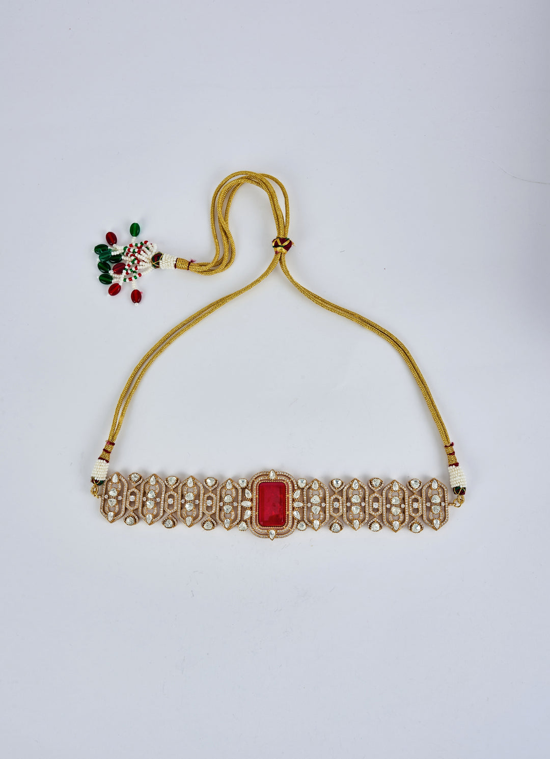 Gold Plated Red Kundan And Polki Choker Necklace Set