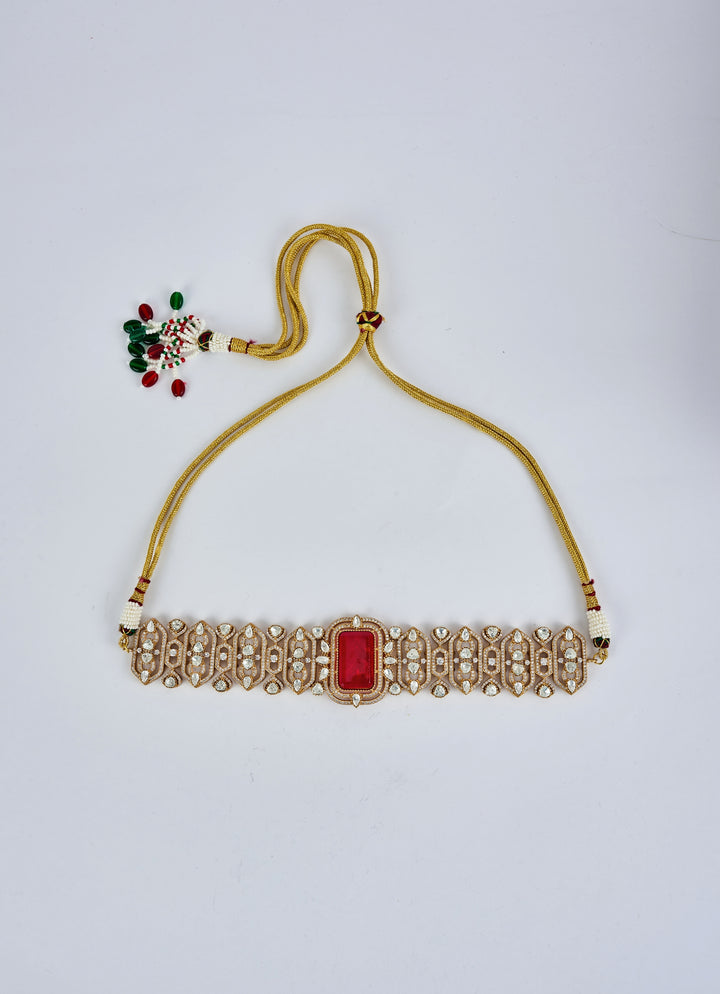 Gold Plated Red Kundan And Polki Choker Necklace Set