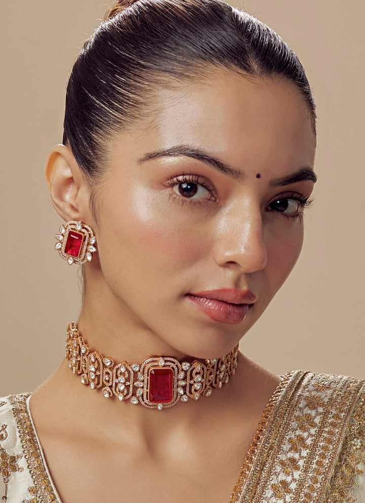 Gold Plated Red Kundan And Polki Choker Necklace Set