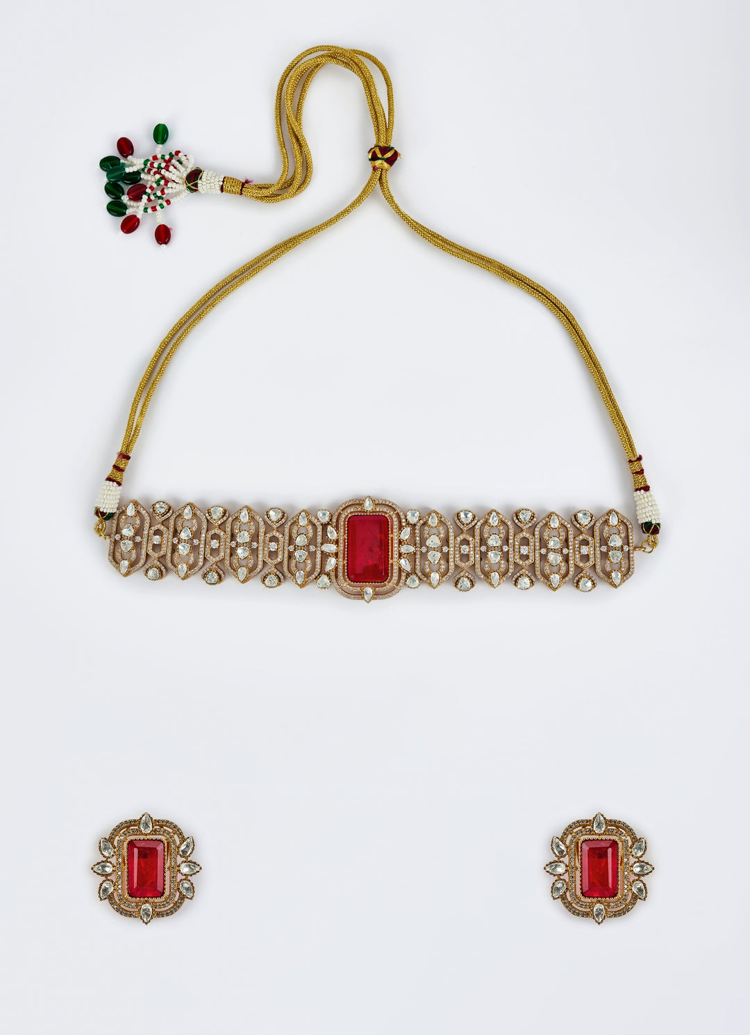 Gold Plated Red Kundan And Polki Choker Necklace Set