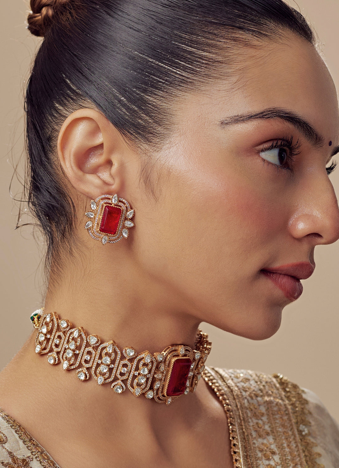 Gold Plated Red Kundan And Polki Choker Necklace Set