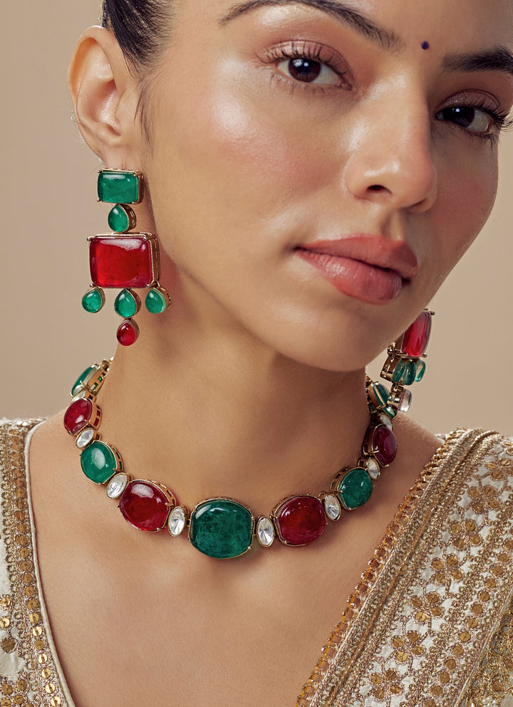 Green And Red Contemporary Choker Necklace Set