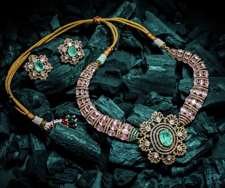 Gold Plated Pink And Green Stones Necklace Set