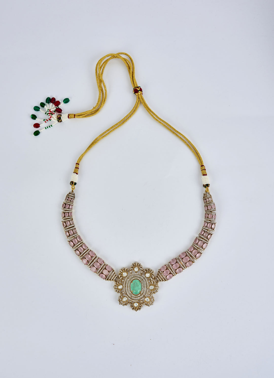 Gold Plated Pink And Green Stones Necklace Set