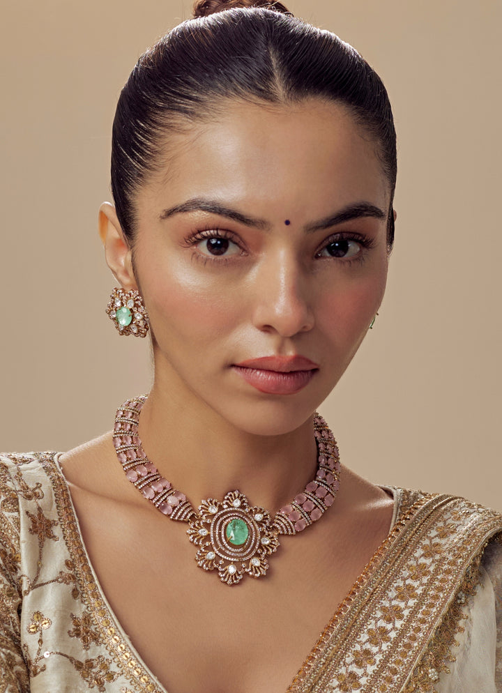 Gold Plated Pink And Green Stones Necklace Set