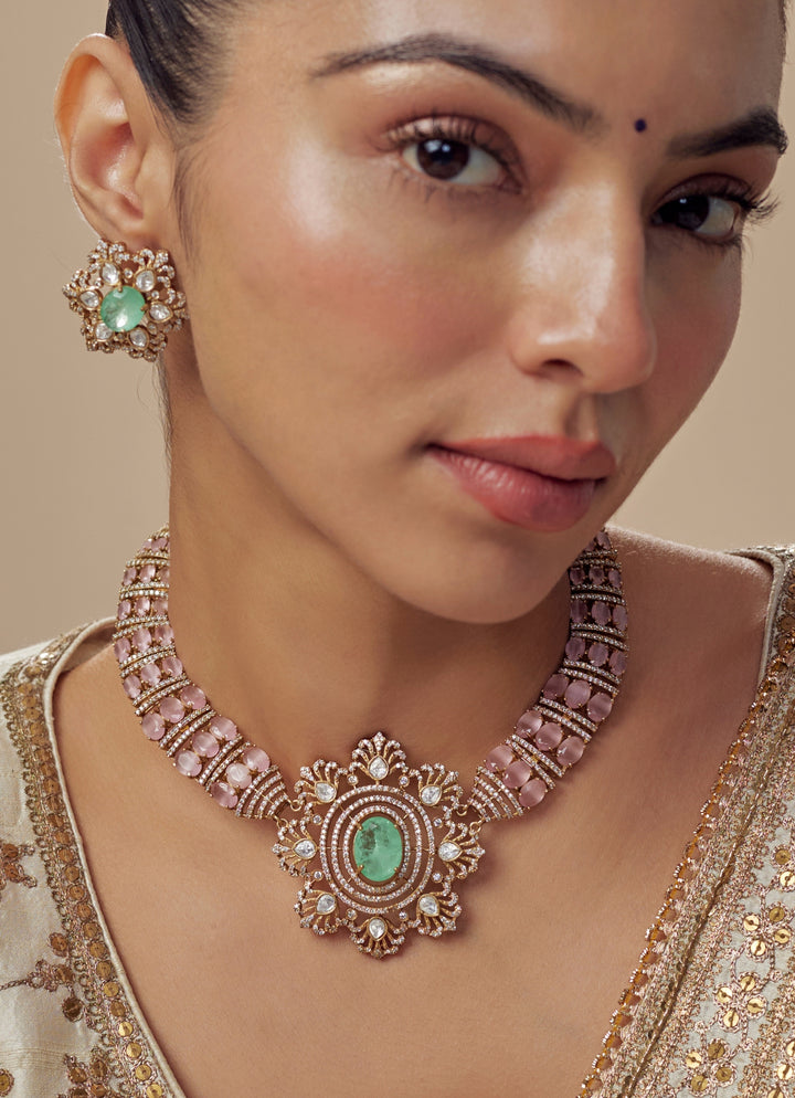 Gold Plated Pink And Green Stones Necklace Set