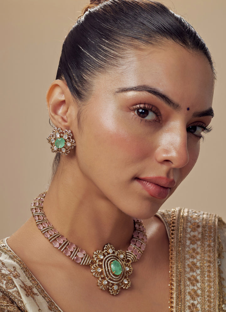 Gold Plated Pink And Green Stones Necklace Set