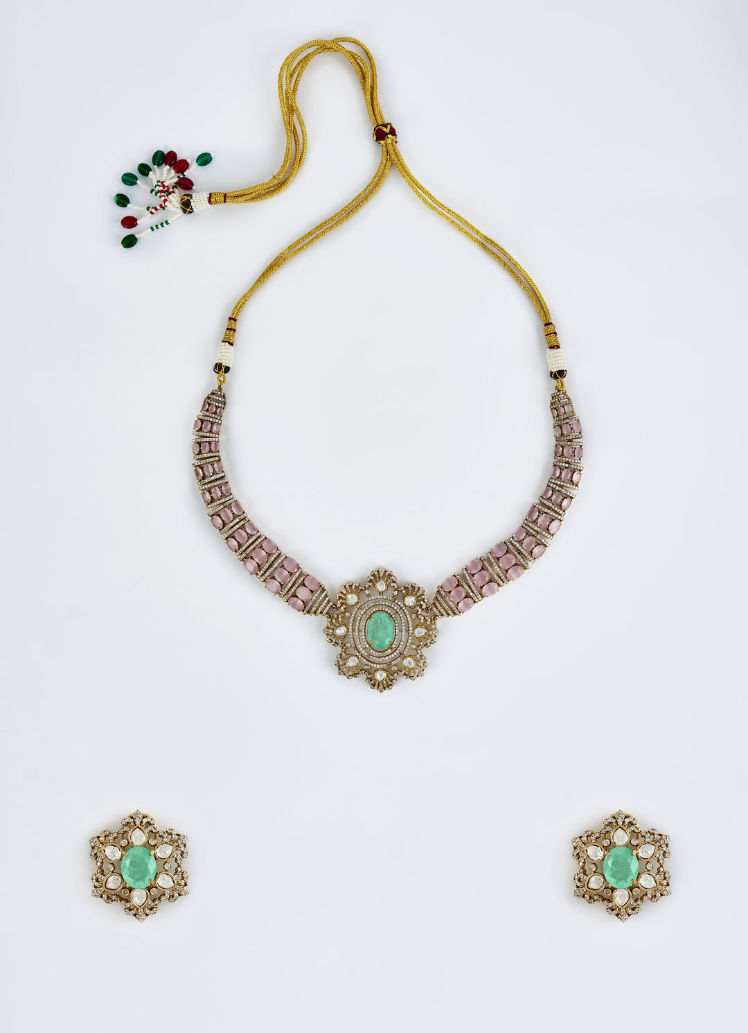 Gold Plated Pink And Green Stones Necklace Set