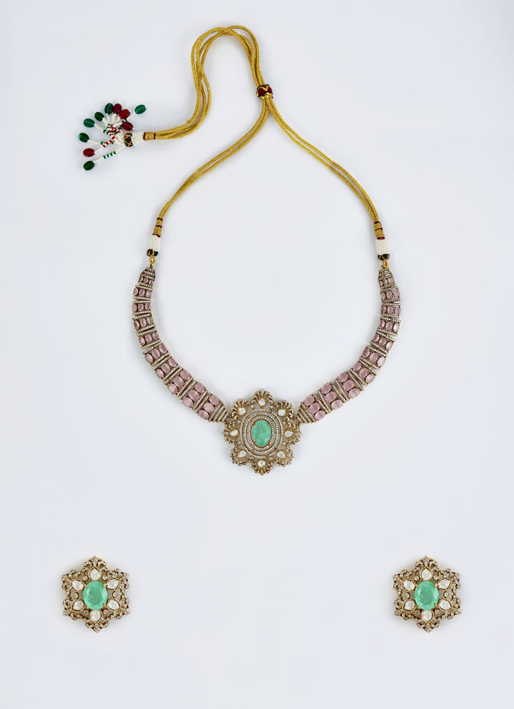 Gold Plated Pink And Green Stones Necklace Set