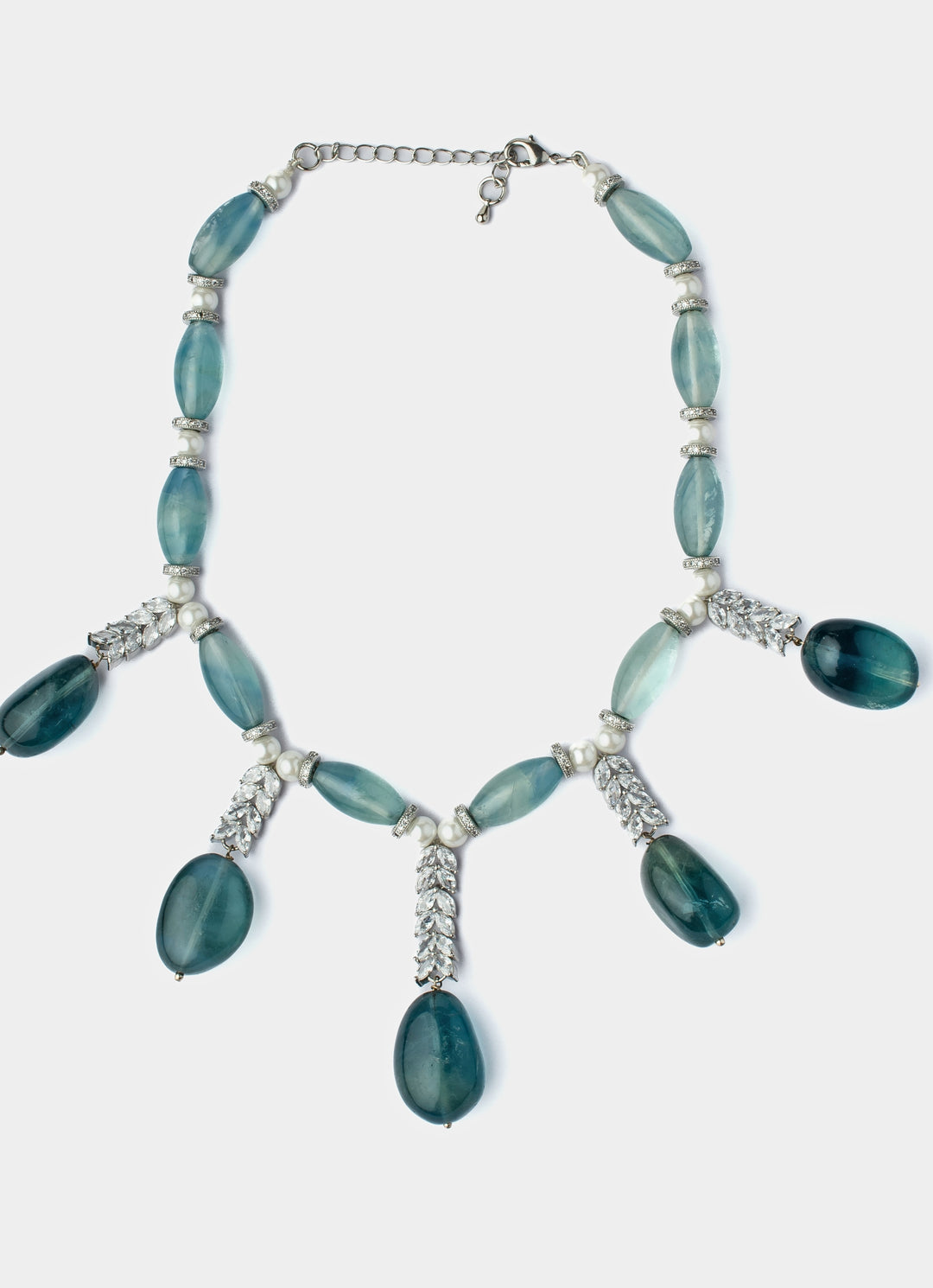 Green Beaded And Pearl Teardrop Short Necklace