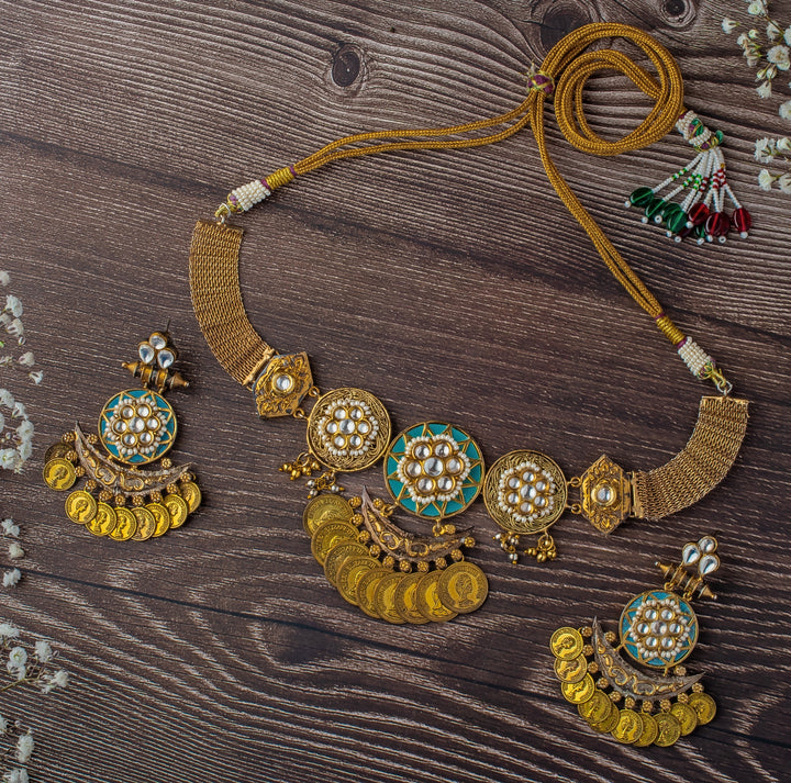 Gold Plated Green Kundan And Coin Choker Necklace Set