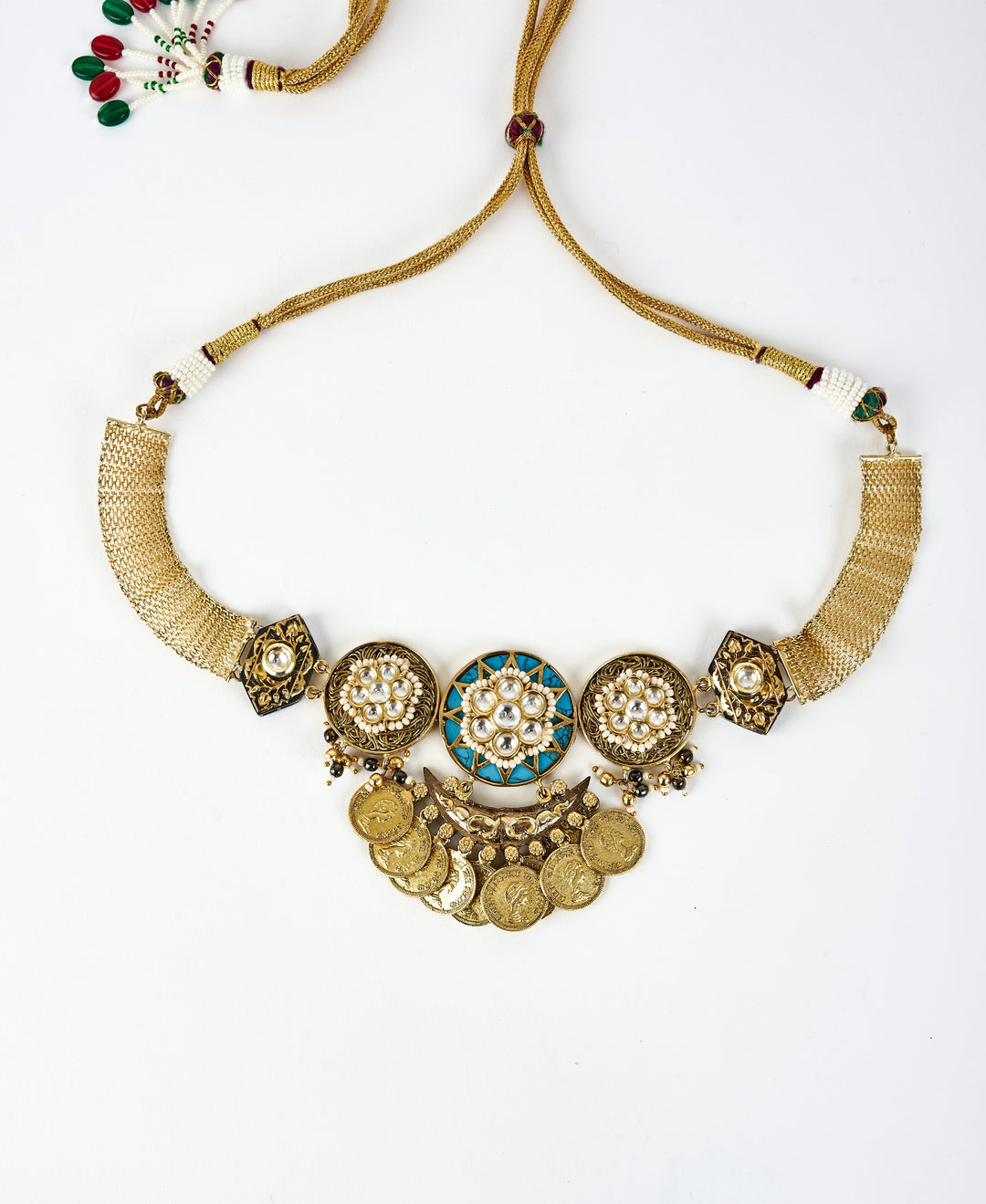 Gold Plated Green Kundan And Coin Choker Necklace Set